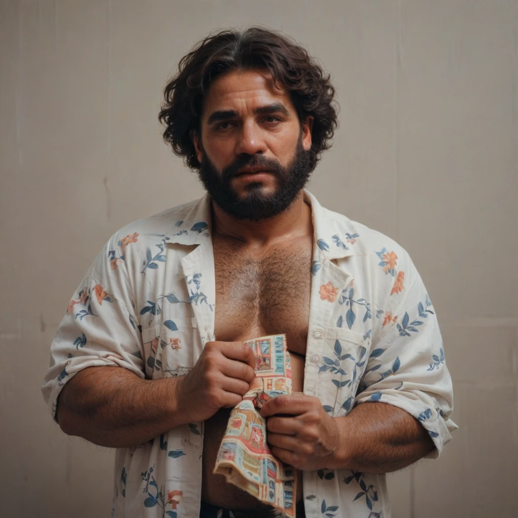 extremely bearded shaggy and hairy woman, hold a packet of minoxidil kirkland in her hands