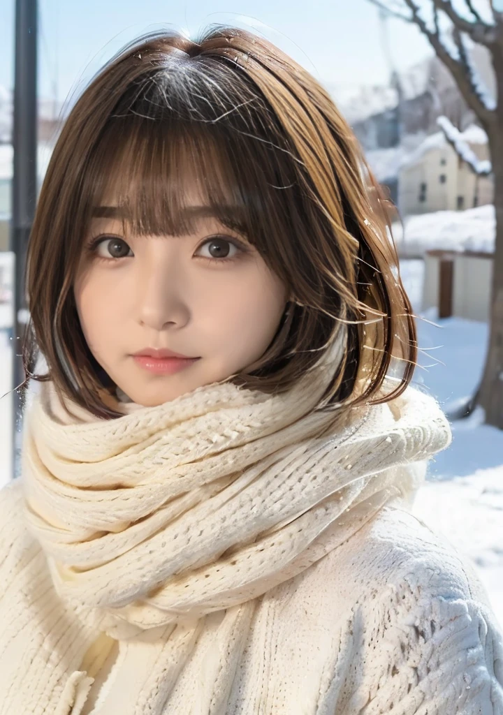 Hair blowing in the wind、Medium Short Hair、Fluffy scarf、Expressing the whiteness of one's breath、Photo from the waist up、Night city illumination shot、Cowgirl Shot、Fur coat、豪華なグレーのミンクのFur coat、Wear fine leather boots、Luxury Bags、Inner turtleneck、Silver necklace and small silver earrings Millionaire style:1.4))、Full body photo、smile、 Caustics、Highly detailed photos、Very beautiful woman 、Ample breasts、No makeup、(8K、RAW Photos、Highest quality、masterpiece:1.2)、(Realistic、Realistic)、1 Girl、((Medium Short Hair、Midwinter、Cold region Snow falling、The wind is blowing、Fluttering Hair、Blur the background、Colorful illuminations、Looking into the camera:1.4))、