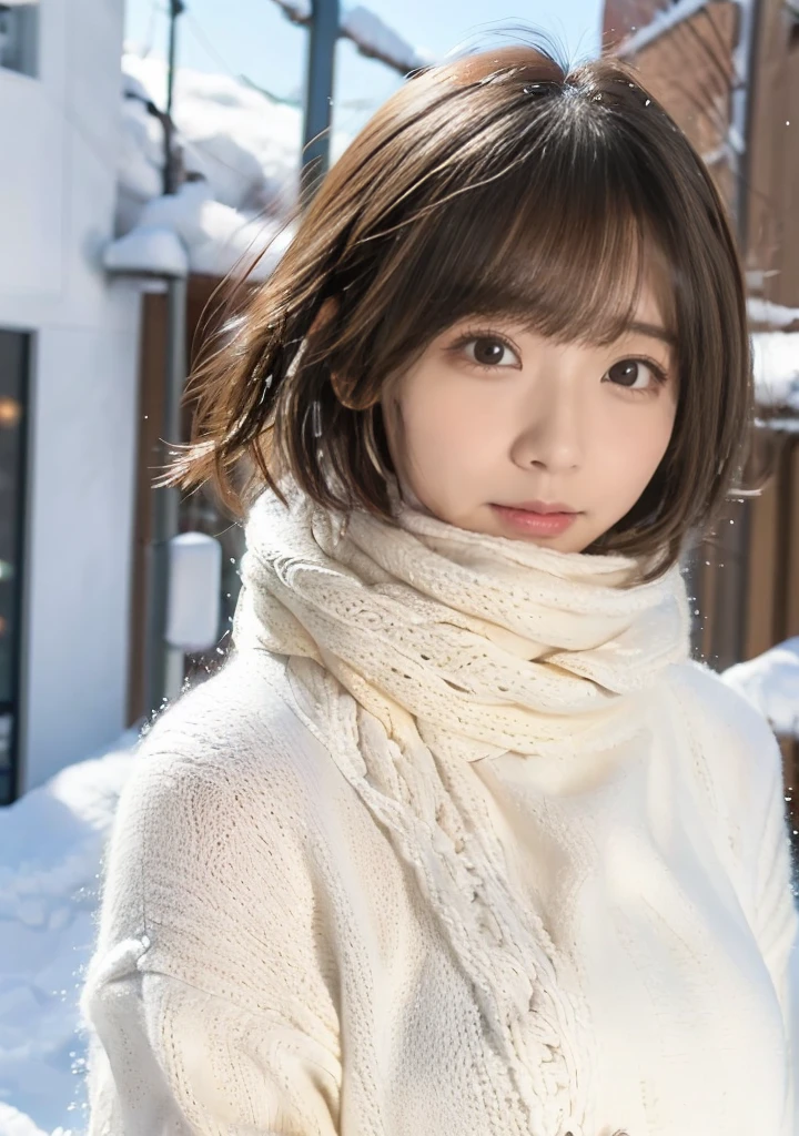 Hair blowing in the wind、Medium Short Hair、Fluffy scarf、Expressing the whiteness of one's breath、Photo from the waist up、Night city illumination shot、Cowgirl Shot、Fur coat、豪華なグレーのミンクのFur coat、Wear fine leather boots、Luxury Bags、Inner turtleneck、Silver necklace and small silver earrings Millionaire style:1.4))、Full body photo、smile、 Caustics、Highly detailed photos、Very beautiful woman 、Ample breasts、No makeup、(8K、RAW Photos、Highest quality、masterpiece:1.2)、(Realistic、Realistic)、1 Girl、((Medium Short Hair、Midwinter、Cold region Snow falling、The wind is blowing、Fluttering Hair、Blur the background、Colorful illuminations、Looking into the camera:1.4))、