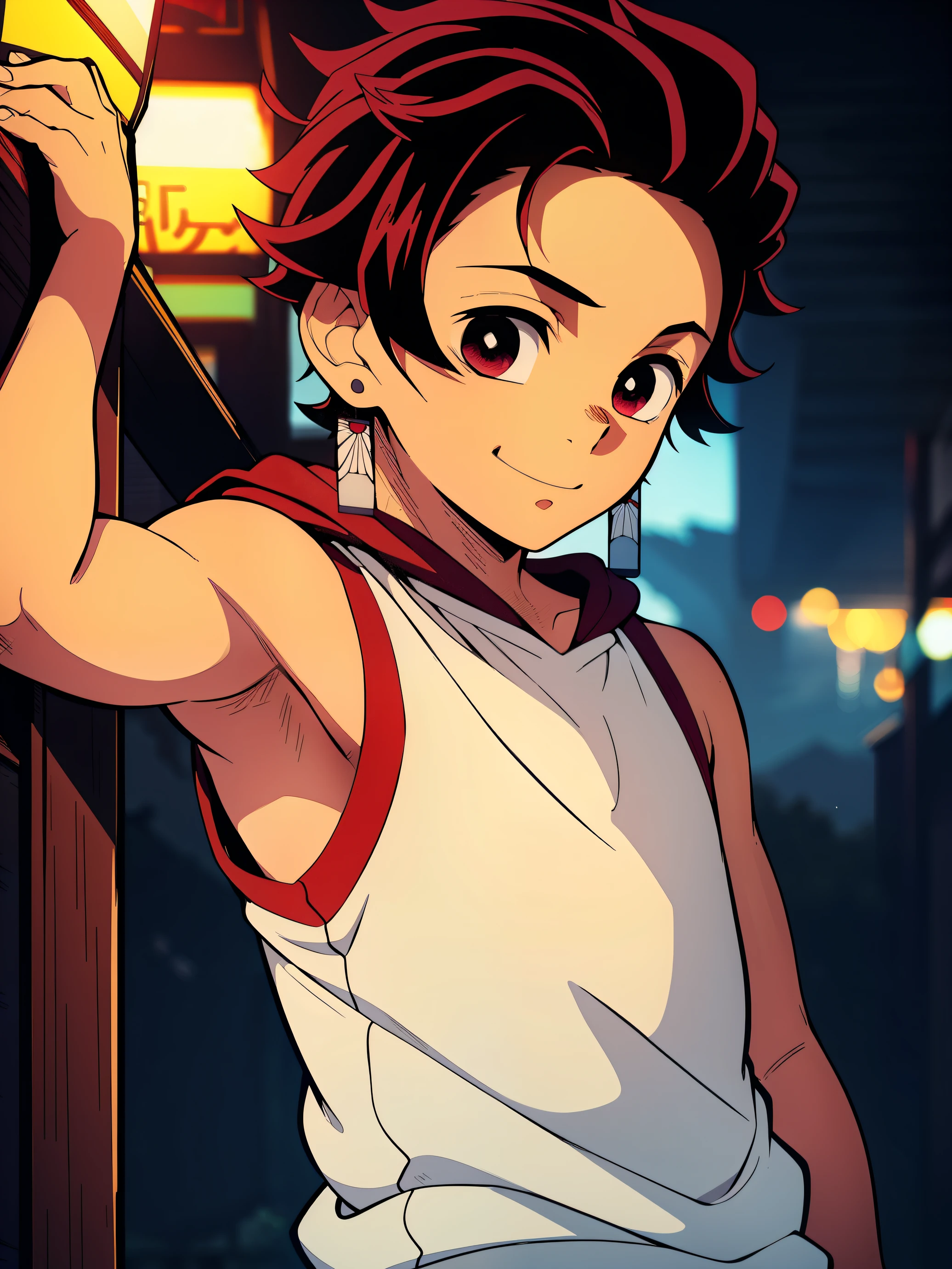 Highres, Masterpiece, Best quality at best,Best Quality,hight quality, hight detailed, Anime style, 1boy, Shota, young boy, Solo person, Tanjiro, earring, red hair, smile, (Sleeveless hoodie), Bare shoulder, Seen from the front, Look at viewer, body, (Showing armpit:1.3), (very young boy), (very small and short body), 12-year-old boys, blurry beckground, hansome boy, Uhd, bokeh