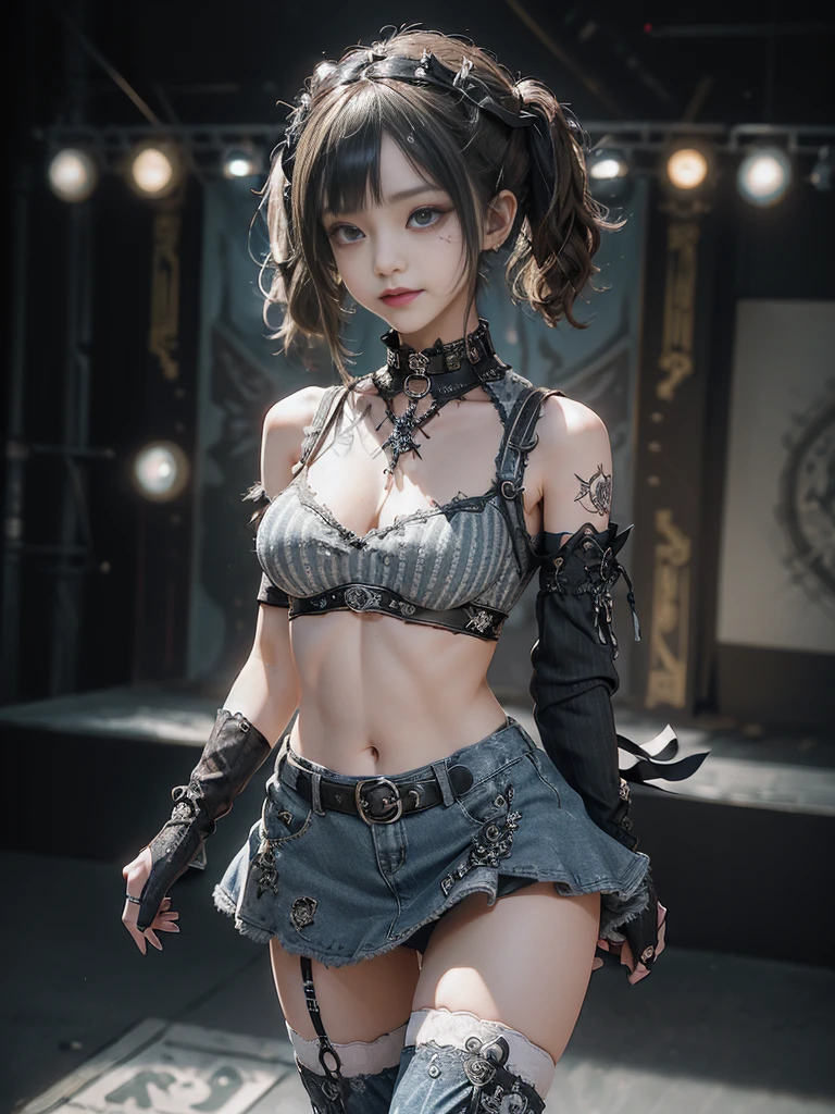 (Smiling with teeth showing:1.3),(Hollywood actress:1.5)、(Gothic ta style fashion:1.5)、(Punk RockVisual Kei:1.5)、(Wearing a sweater with intricate decoration:1.4)、(A mini skirt with delicate white, denim and charcoal embellishments.:1.5)、(Denim and light blue and white boots:1.3)、((belt))、(Numerous intricate patterns all over the costume:1.4)、(collar:1.3)、(Striped underwear:1.5)、20-year-old、NSFW、((Highest quality、In 8K、masterpiece:1.3))、Sharp focus:1.2、(Layered Cut、Huge boobs:1.1),Beautiful woman with perfect figure:1.4、(Dancing vigorously:1.3)、Slender Abs:1.2、Highly detailed face and skin texture、Detailed eyes、double eyelid,(Twin tails:1.3)、(Brown-golden hair:1.3)、Gravure idol、(The background is the stage of the fashion show:1.3)、(Slim body:1.3),(Make your legs thinner:1.4),(clavicle:1.1)