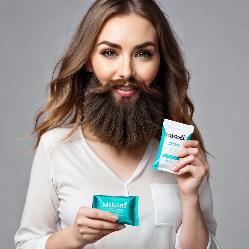 extremely bearded shaggy and hairy woman, hold a packet of minoxidil kirkland in her hands