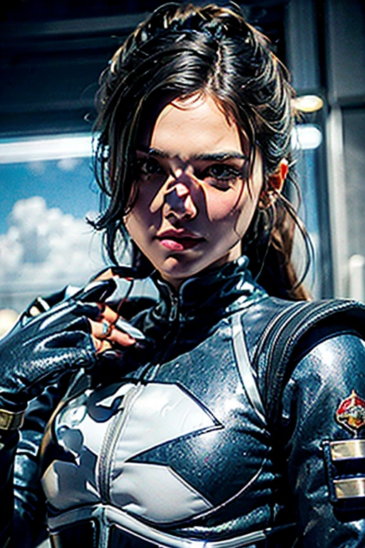 1 LIGHT SKIN GIRL, WITH BLACK HAIR AND SHOULDER LENGTH, WHO WEARS ROUND LENSES, HE HAS A MOLE ON HIS LIP ON THE LEFT SIDE, DRESSED IN YOUR SUPERHEROE COSTUME, Red color, HIS SUIT HAS A BIG BLUE LIGHTNING, HAS A HEROIC POSE, AND SAVE A FAT CAT, THE CAT IS SAD.