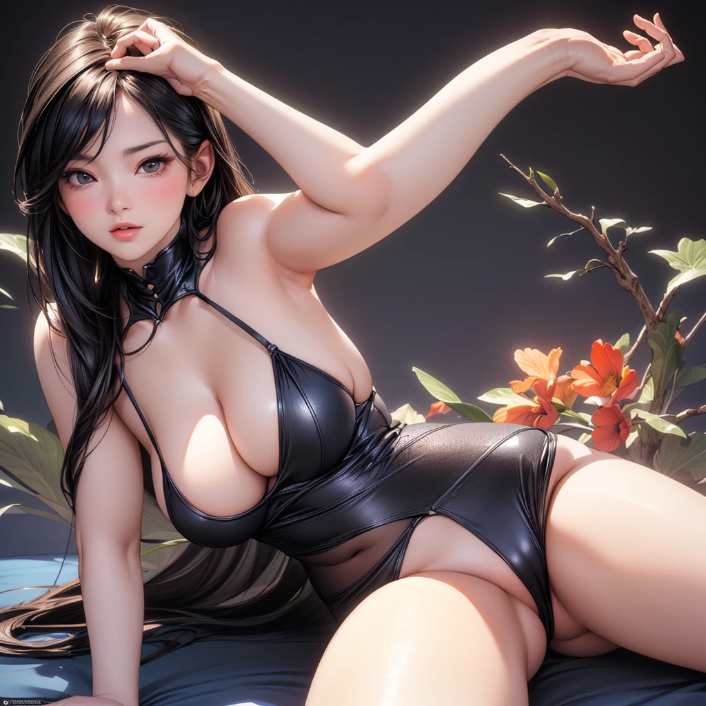 (best quality,4k,8k,highres,masterpiece:1.2),ultra-detailed,(realistic,photorealistic,photo-realistic:1.37), illustration by artgerm and gerald brom, attractive woman, perfect body, huge breasts, hyperfeminine curves, cute and playful pose, vibrant, emotive expressions