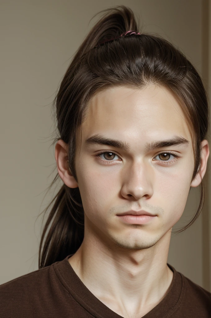 Anime portrait of a 20 y/o male with medium brown hair, pale skin, a short ponytail in the back left side of the hair, big brown eyes, child-like proportions of the body,