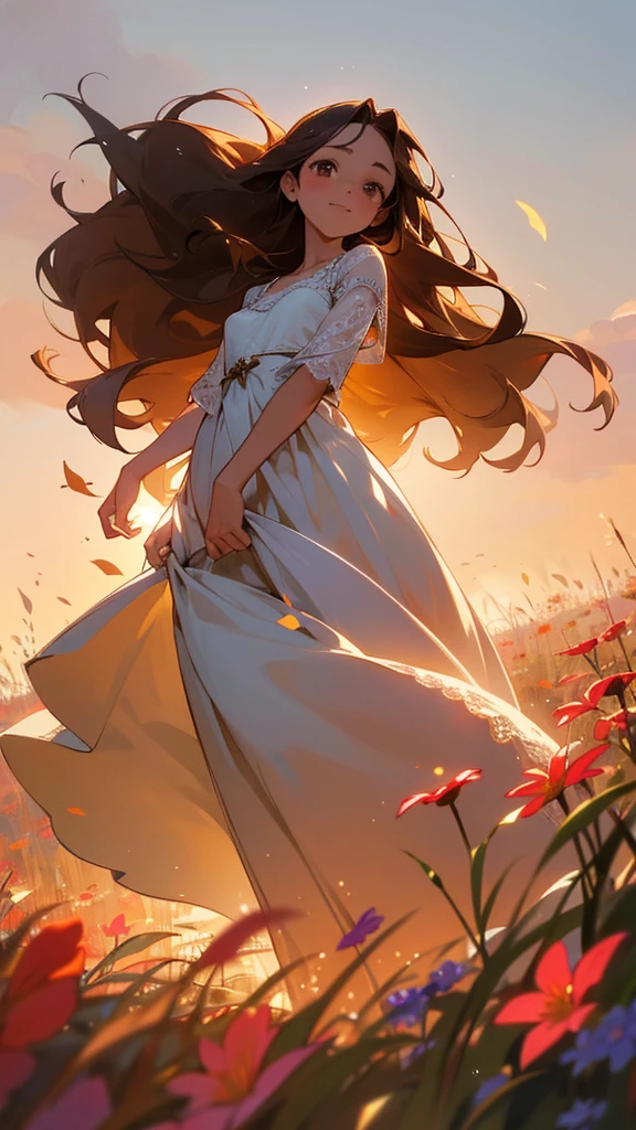 A afternoon breathtakingly beautiful girl with light brown hazel eyes sparkling with joy as she stands gracefully in the midst of a vast field of wildflowers holding a flower. Her long, wavy dark brown hair reaching her waist dances freely in the gentle summer breeze, creating a soft frame around her radiant face. The girl is wearing a long, flowing modest night gown . The gown's intricate lace pattern catches the warm glow of the setting sun, casting a magical, ethereal light across the landscape. The wildflowers, a riot of colors from fiery reds to tranquil blues, stretch as far as the eye can see, creating a sea of natural beauty that mirrors the young woman's own.