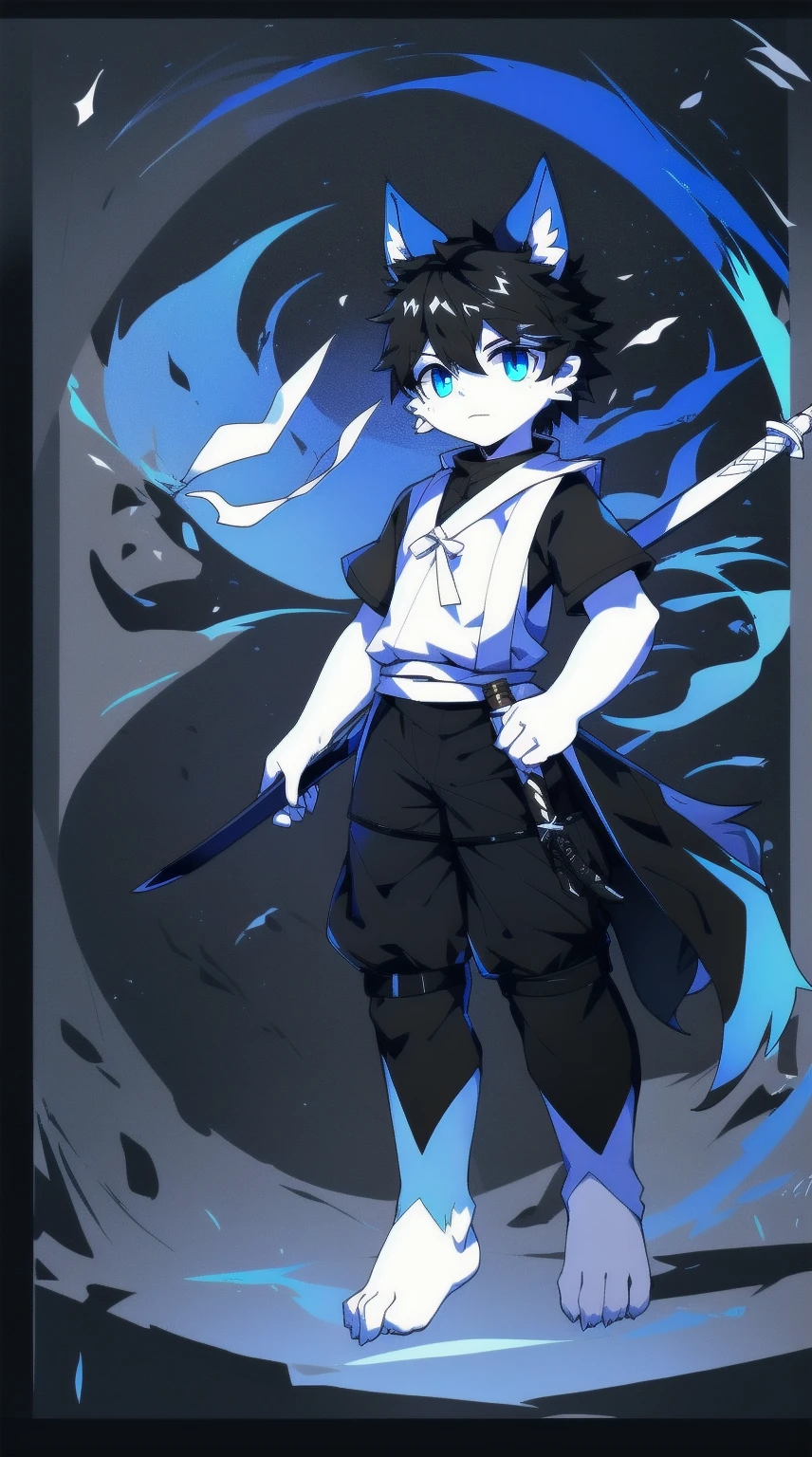 White Wolf，black hair，Sky blue eyes，hairy，Wolf ears，Wolf tail，Full body portrait，The character is in the center of the frame，Handsome，Confident eye***but，juvenile，Black and white combat uniform，Red neck bib，Black shorts，Short sleeve，hairy arms and legs，Dark background，Dark battlefield，dawn，sunrise，dawn，illumination，shadow，Swordsman，Scabbard and Hold the hilt of a in your hand，The scabbard is at the waist，Highest quality,A tall stature