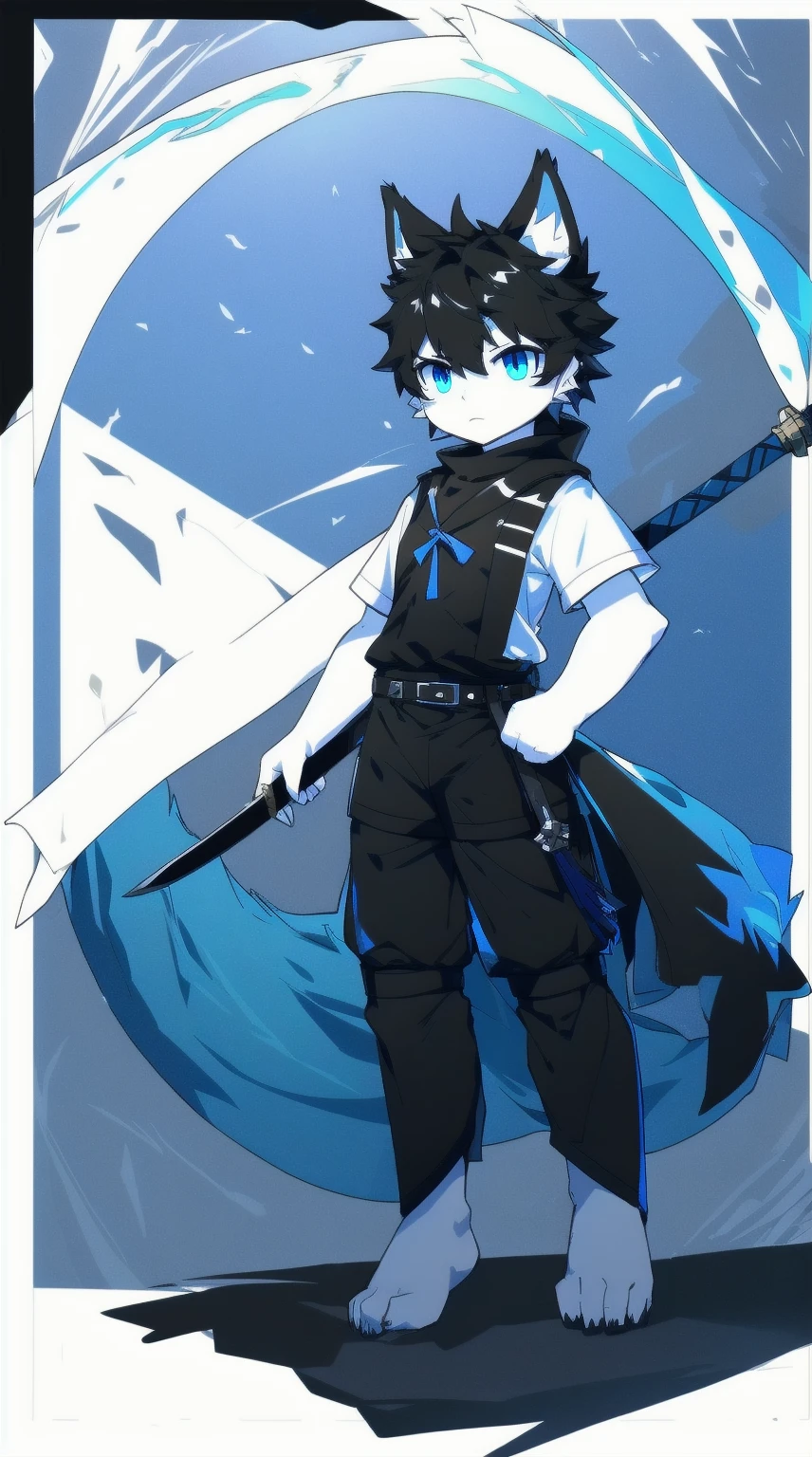 White Wolf，black hair，Sky blue eyes，hairy，Wolf ears，Wolf tail，Full body portrait，The character is in the center of the frame，Handsome，Confident eye***but，juvenile，Black and white combat uniform，Red neck bib，Black shorts，Short sleeve，hairy arms and legs，Dark background，Dark battlefield，dawn，sunrise，dawn，illumination，shadow，Swordsman，Scabbard and Hold the hilt of a in your hand，The scabbard is at the waist，Highest quality,A tall stature