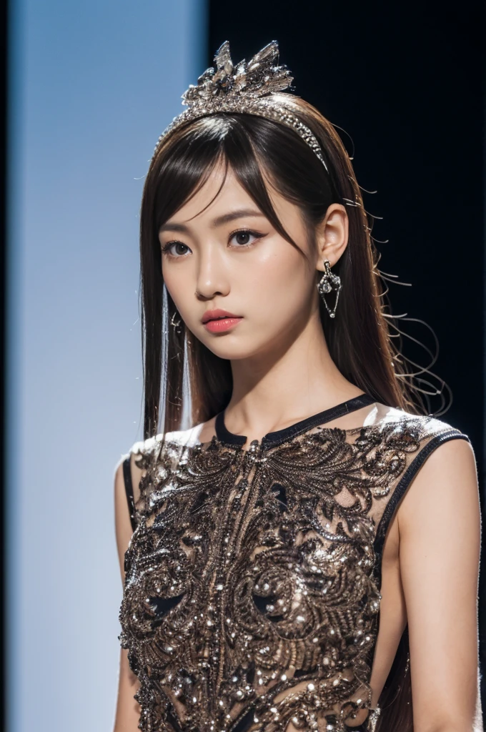 (masterpiece:1.3), (8K, Realistic, Raw photo, Highest quality:1.4), (One girl), Beautiful Face, Realistic Face, (Detailed face), Beautiful hairstyle, (Detailed Hair), Realistic eyes, (Fine grain), Beautiful details, Realistic Skin, (Detailed skin), Beautiful Skin, Charm, Ultra-high resolution, Surreal, Very detailed, (Medium chest:0.5), The Beauty of Japan, (Slim figure),
( haute couture clothing, Novelty clothing, quirky clothes, Walking the runway ),
Cute young Japanese girl, Cute young Japanese girl
