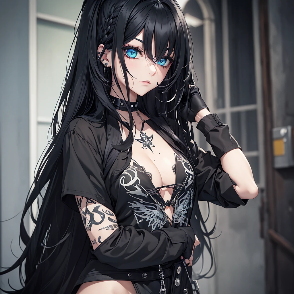 Female with a long black hair and blue eyes wearing goth clothes, piercings and tattos and by herside a female with curly blonde hair and green eyes wearing cute clothes