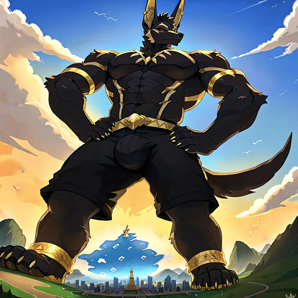 birds-eye view, macro furry,anthro,
Jackal, jackla ears,jackal tail, dark black fur, gold markings, black mohawk, black sclera, gold pupil, pawpads, gold pawpads, handsome, sexy, slim, well-buily, standing over a tiny continent on earth, looking down at ground, hands on hips,
wearing black techwear shorts with giant bulge, gold jewelry, gold anklets,
sunny day, giant attacking tiny continent, giga-sized character, size difference, macro, macro furry, 