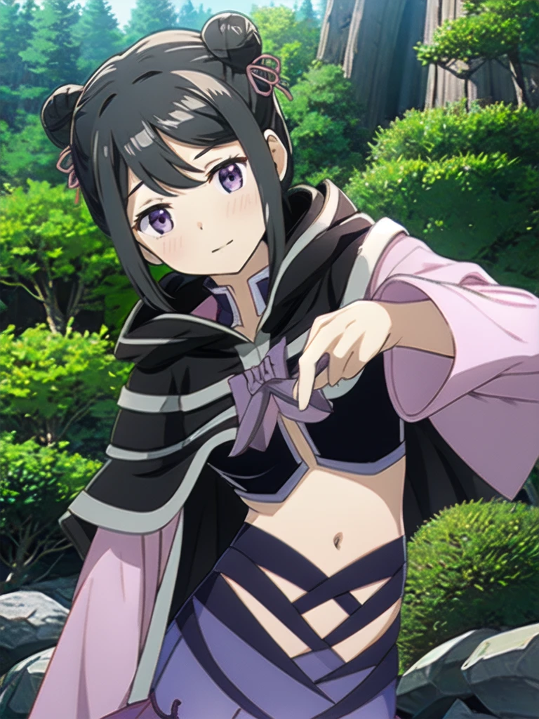 masterpiece, high quality, mgrckuroe, 1girl, (dynamic shot), medium shot, upper body, purple eyes, black hair, black with white cropped jacket, crop top, black hooded cloak with white edgings, double bun, purple bowtie, blue with pink skirt, pink hairpins, outdoors, forest, 