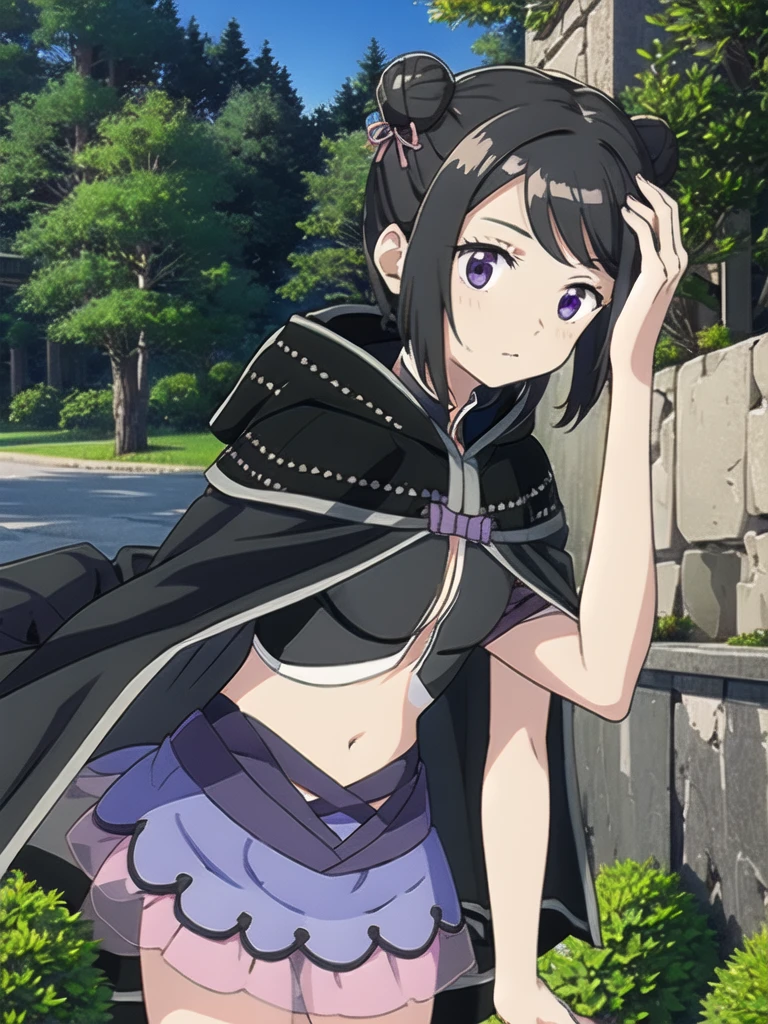 masterpiece, high quality, mgrckuroe, 1girl, (dynamic shot), medium shot, upper body, purple eyes, black hair, black with white cropped jacket, crop top, black hooded cloak with white edgings, double bun, purple bowtie, blue with pink skirt, pink hairpins, outdoors, forest, 