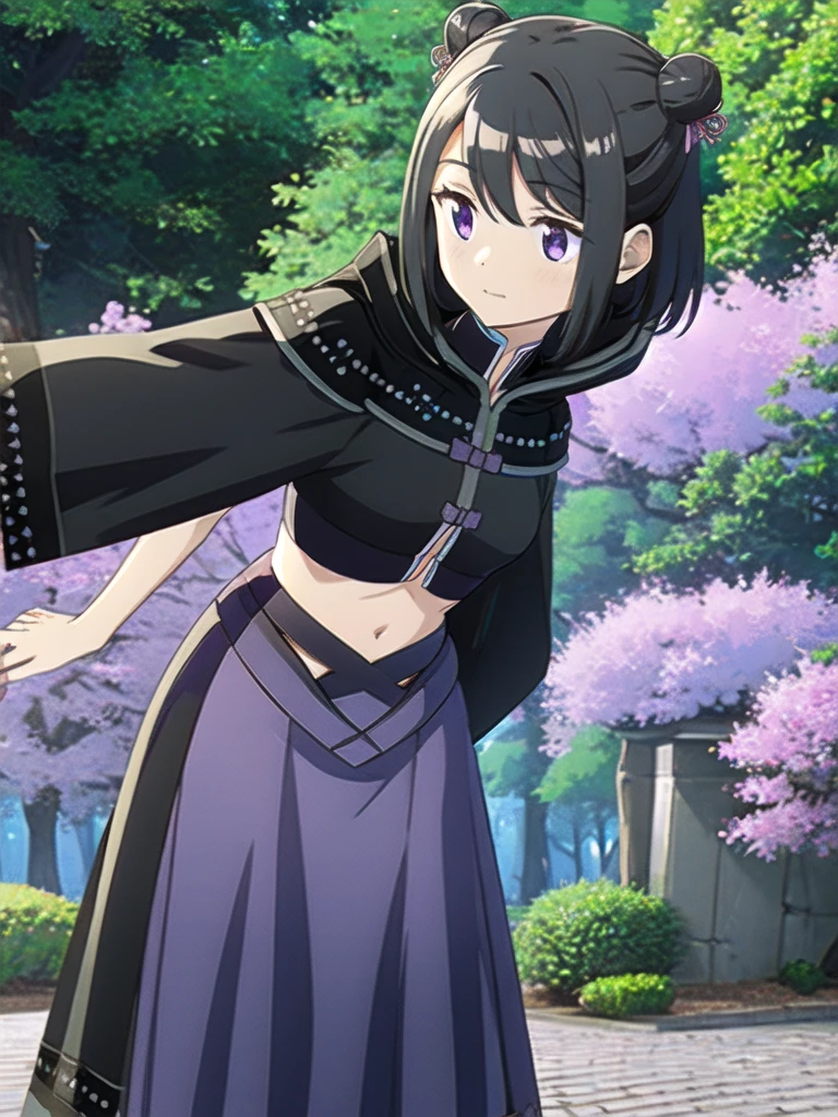 masterpiece, high quality, mgrckuroe, 1girl, (dynamic shot), medium shot, upper body, purple eyes, black hair, black with white cropped jacket, crop top, black hooded cloak with white edgings, double bun, purple bowtie, blue with pink skirt, pink hairpins, outdoors, forest, 