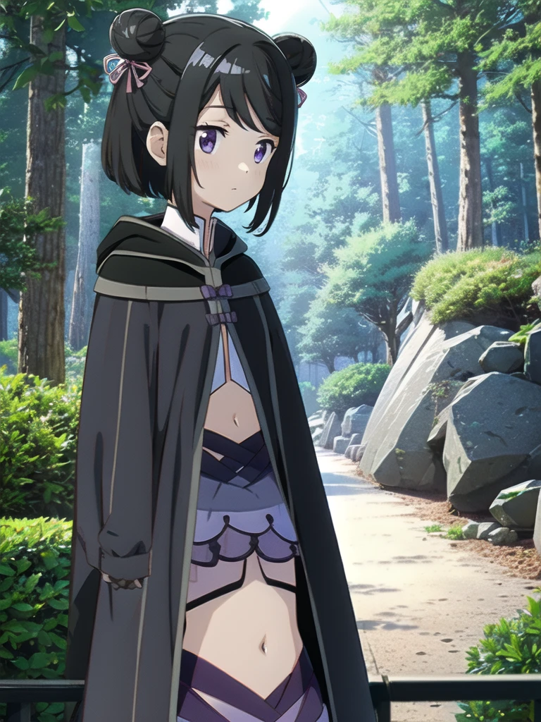 masterpiece, high quality, mgrckuroe, 1girl, (dynamic shot), medium shot, upper body, purple eyes, black hair, black with white cropped jacket, crop top, black hooded cloak with white edgings, double bun, purple bowtie, blue with pink skirt, pink hairpins, outdoors, forest, 