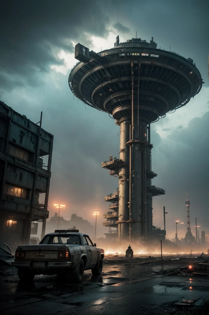 a futuristic and abandoned cosmodrome, cyberpunk style, highly detailed, 8k, hyper realistic, dramatic lighting, moody atmosphere, crumbling infrastructure, rusty metal, neon lights, glowing panels, intricate machinery, complex engineering, industrial decay, post-apocalyptic, gritty, weathered, dynamic camera angle, cinematic composition, breathtaking scale, sense of exploration, dystopian future, advanced technology, retro-futuristic
