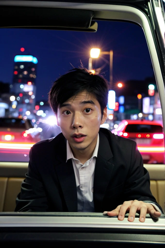 (Tokyo night time)、(A 30-year-old Japanese male office worker、A dull face:1.1)、Sitting alone in the back seat of a car、Has a surprised look on his face