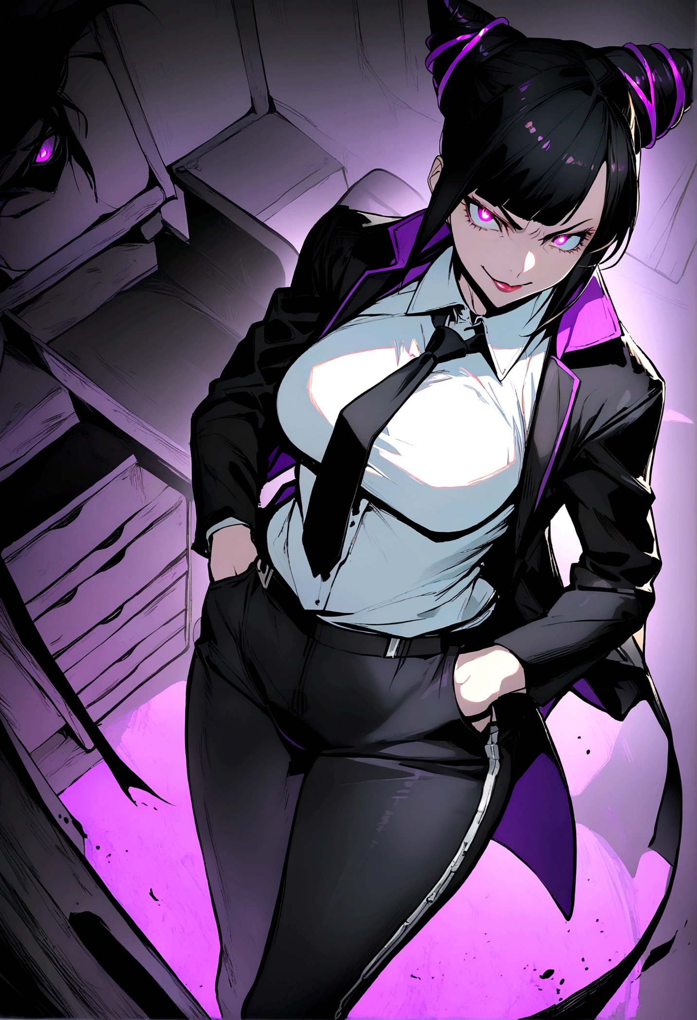 Juri Han, artwork, tight white secretary shirt with black tie, Bblack hair,evil smile,DESK,bangs on the eyes,lighting,horn of hair,glowing purple eye,hands in pocket,legging pants
