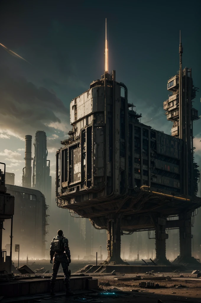 a futuristic and abandoned cosmodrome, cyberpunk style, highly detailed, 8k, hyper realistic, dramatic lighting, moody atmosphere, crumbling infrastructure, rusty metal, neon lights, glowing panels, intricate machinery, complex engineering, industrial decay, post-apocalyptic, gritty, weathered, dynamic camera angle, cinematic composition, breathtaking scale, sense of exploration, dystopian future, advanced technology, retro-futuristic