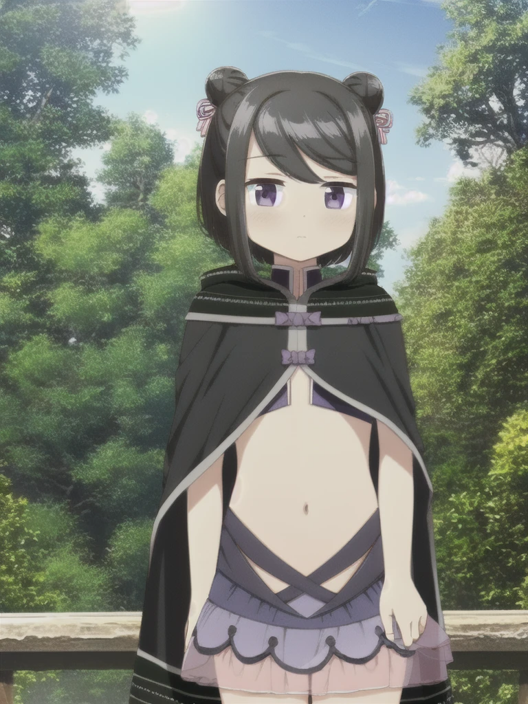 masterpiece, high quality, mgrckuroe, 1girl, (dynamic shot), medium shot, upper body, purple eyes, black hair, black with white cropped jacket, crop top, black hooded cloak with white edgings, double bun, purple bowtie, blue with pink skirt, pink hairpins, outdoors, forest,