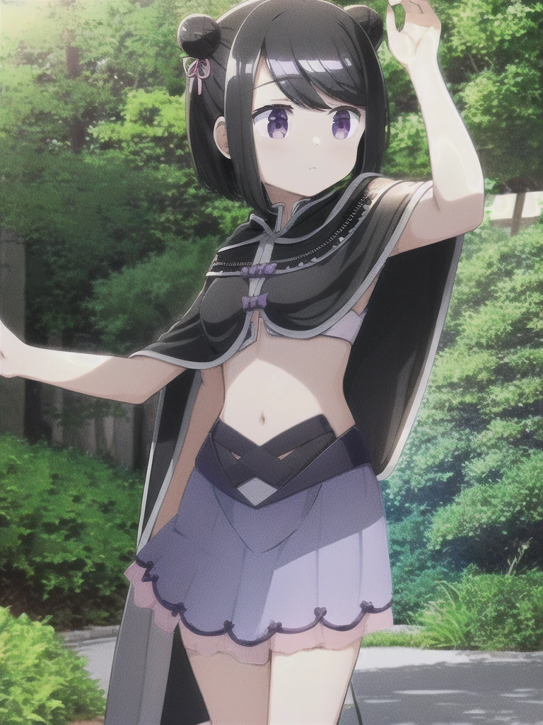 masterpiece, high quality, mgrckuroe, 1girl, (dynamic shot), medium shot, upper body, purple eyes, black hair, black with white cropped jacket, crop top, black hooded cloak with white edgings, double bun, purple bowtie, blue with pink skirt, pink hairpins, outdoors, forest, 