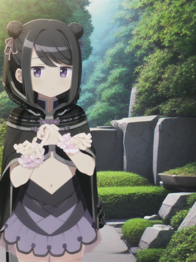 masterpiece, high quality, mgrckuroe, 1girl, (dynamic shot), medium shot, upper body, purple eyes, black hair, black with white cropped jacket, crop top, black hooded cloak with white edgings, double bun, purple bowtie, blue with pink skirt, pink hairpins, outdoors, forest, 