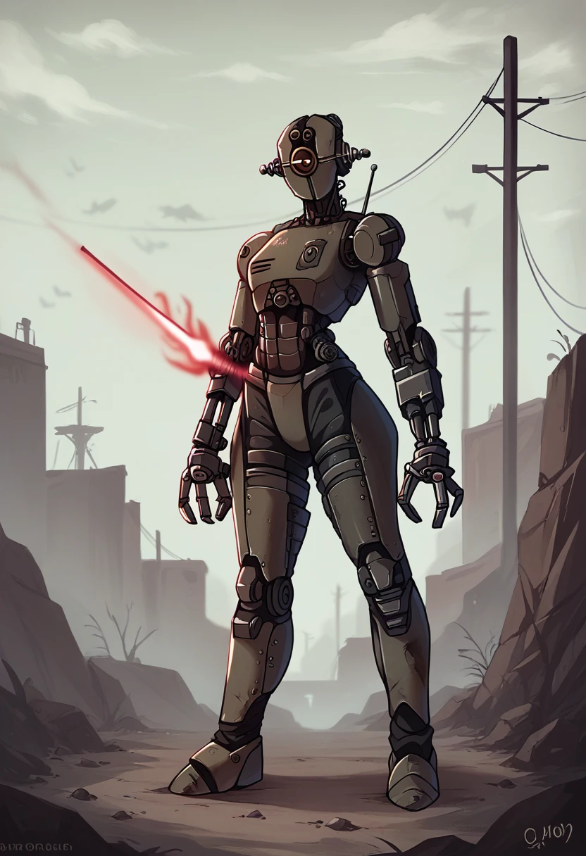 score_9, score_8_up, score_7_up, score_6_up, score_5_up, source_furry, assaultron, fallout, solo, looking at viewer, robot, humanoid robot, robot joints, one-eyed, joints, no humans, dark black skin, mechanical arms, science fiction, post-apocalypse, outside, robotic hand, 3 fingers, black armor, red laser