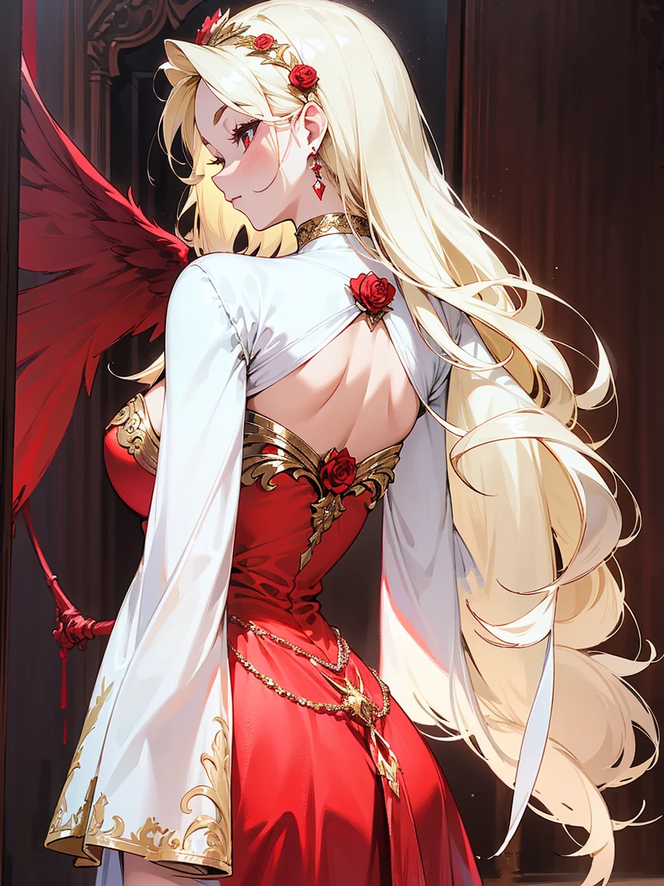 Add in roses to her dress, a good back dress design with some golden jewelry, make her dress into a red and white gown with a hat, give her some unique Jewelry, and make her look somewhat of a demonic angel like appearance to her