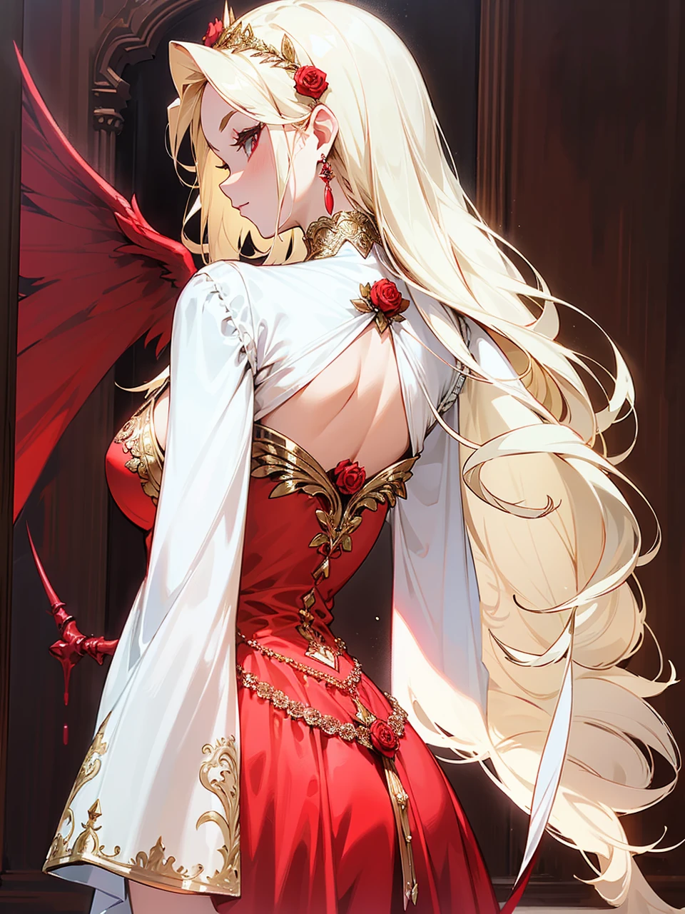 Add in roses to her dress, a good back dress design with some golden jewelry, make her dress into a red and white gown with a hat, give her some unique Jewelry, and make her look somewhat of a demonic angel like appearance to her