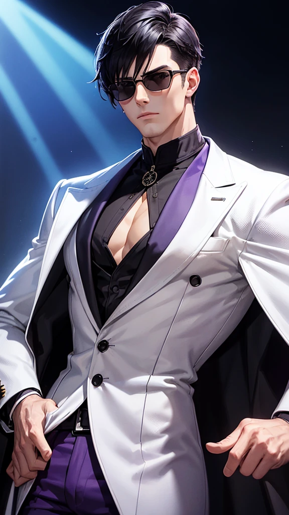 A tall, white muscular man with short, black hair and purple shade sunglasses stands confidently. He is wearing a stylish, dark jacket with intricate purple patterns over a light blue shirt. He has a serious expression, high detailed, 8K, masterpiece.