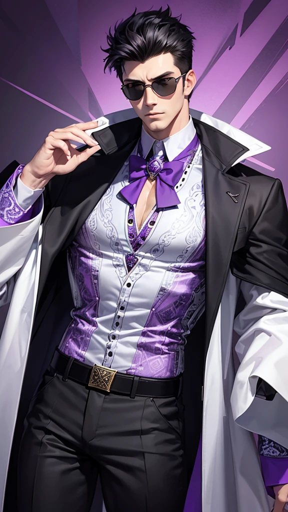 A tall, white muscular man with short, black hair and purple shade sunglasses stands confidently. He is wearing a stylish, dark jacket with intricate purple patterns over a light blue shirt. He has a serious expression, high detailed, 8K, masterpiece.