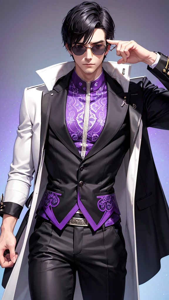 A tall, white muscular man with short, black hair and purple shade sunglasses stands confidently. He is wearing a stylish, dark jacket with intricate purple patterns over a light blue shirt. He has a serious expression, high detailed, 8K, masterpiece.