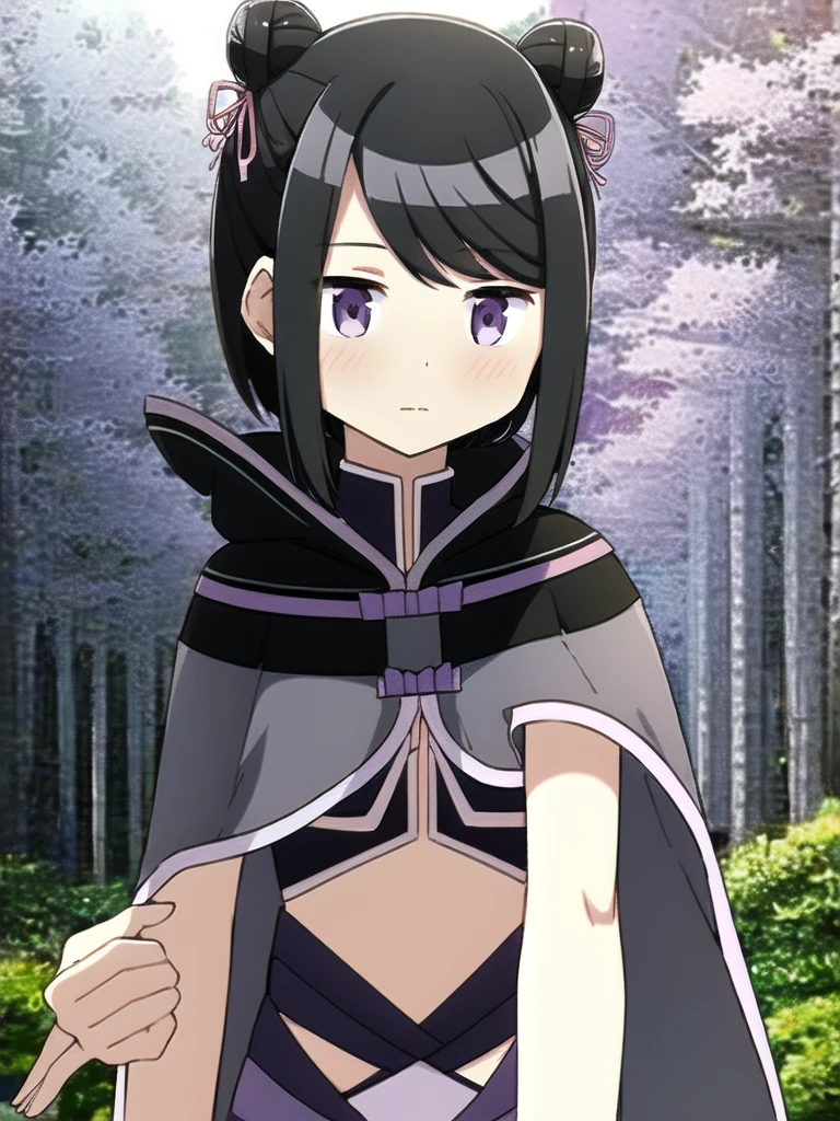 masterpiece, high quality, mgrckuroe, 1girl, (dynamic shot), medium shot, upper body, purple eyes, black hair, black with white cropped jacket, crop top, black hooded cloak with white edgings, double bun, purple bowtie, blue with pink skirt, pink hairpins, outdoors, forest, 