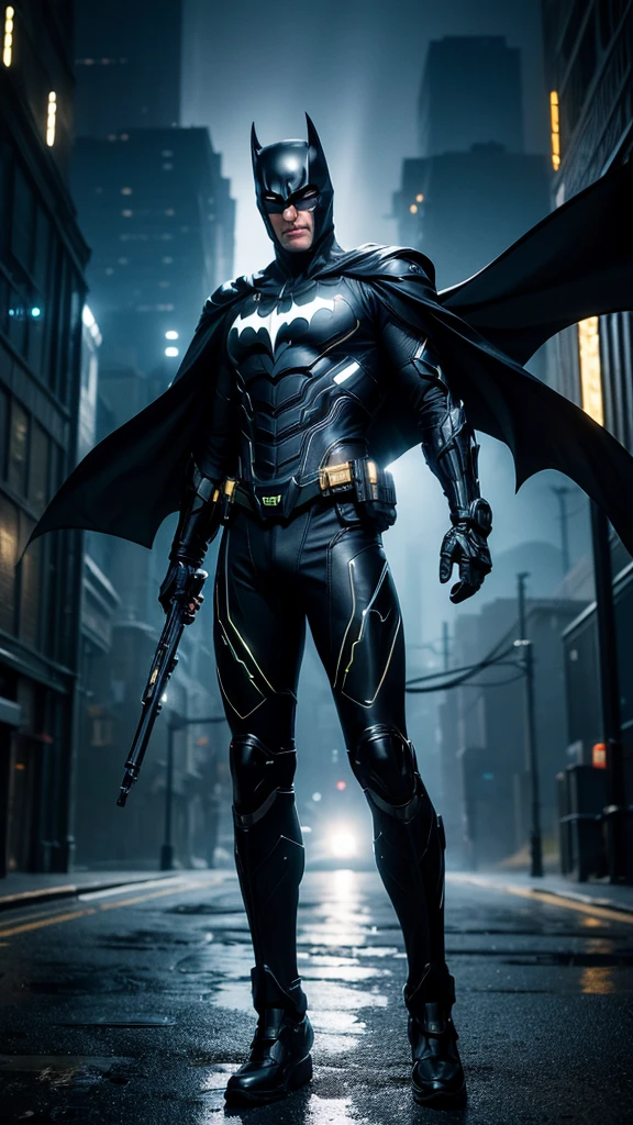 Masterpiece, best quality, NVIDIA RTX, sharp picture, ultra details, cinematic lightning, hi-tech futuristic batman:1.3, perfect face details, proportional body, facial hair, luminous eyes:1.3, perfect mouth:1.3, neon luminous cybernetic-armor:1.3, black gold cybernetic-armor:1.3, perfect cape, cape blown by strong winds:1.3, symmetrical pose, full body, epic lights reflections, night, dark alley, fogs