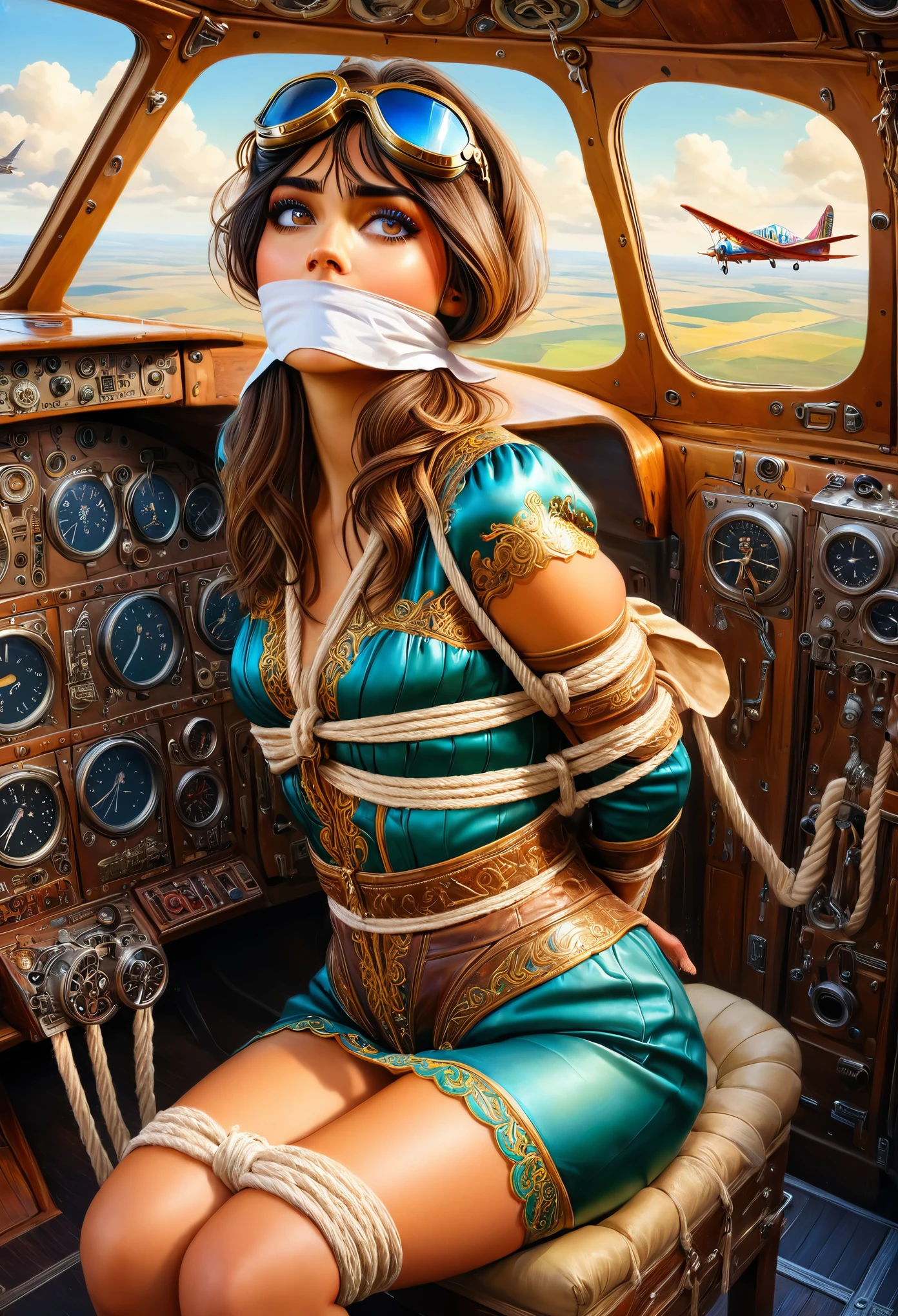 concept art full body photo of Madison Beer Fairy tale Aviator in plane, goggles over hair. Magical, fantastical, enchanting, storybook style, highly detailed, looking at camera, 
perfecteyes | oil painting by rutger hiemstra | vibrant, beautiful, translucent, intricate, detailed many details, extreme detailed, full of details, Wide range of colors, dramatic, dynamic, cinematic, sharp details, Insane quality. Insane resolution. Insane details. Masterpiece. 8k resolution.  bound elbows, bound wrists, arms behind back, bound with jute rope, bound with an extreme amount of ropes,otm gag