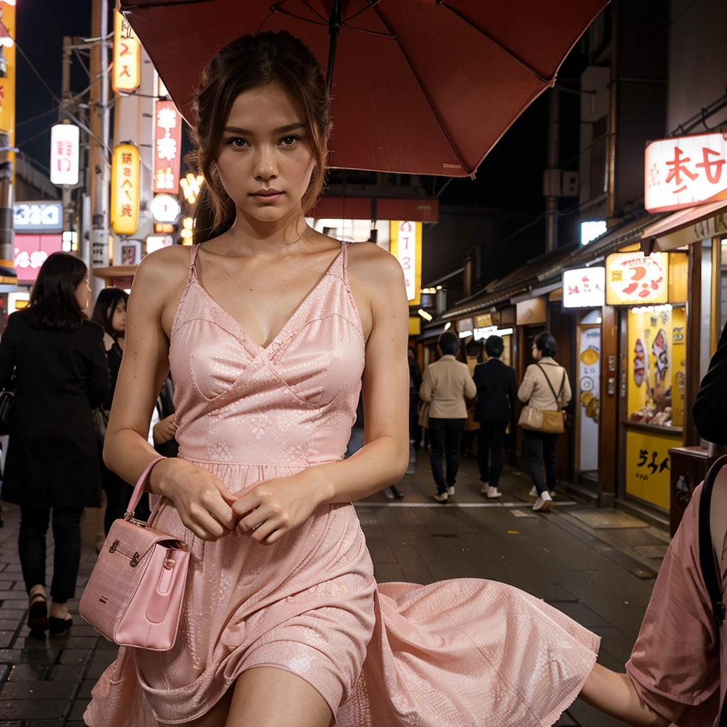 Female supermodel. Pink dress. Dim, soft lighting. Sunset. Sugamo Jizodori Shopping Street, Tokyo, Japan.