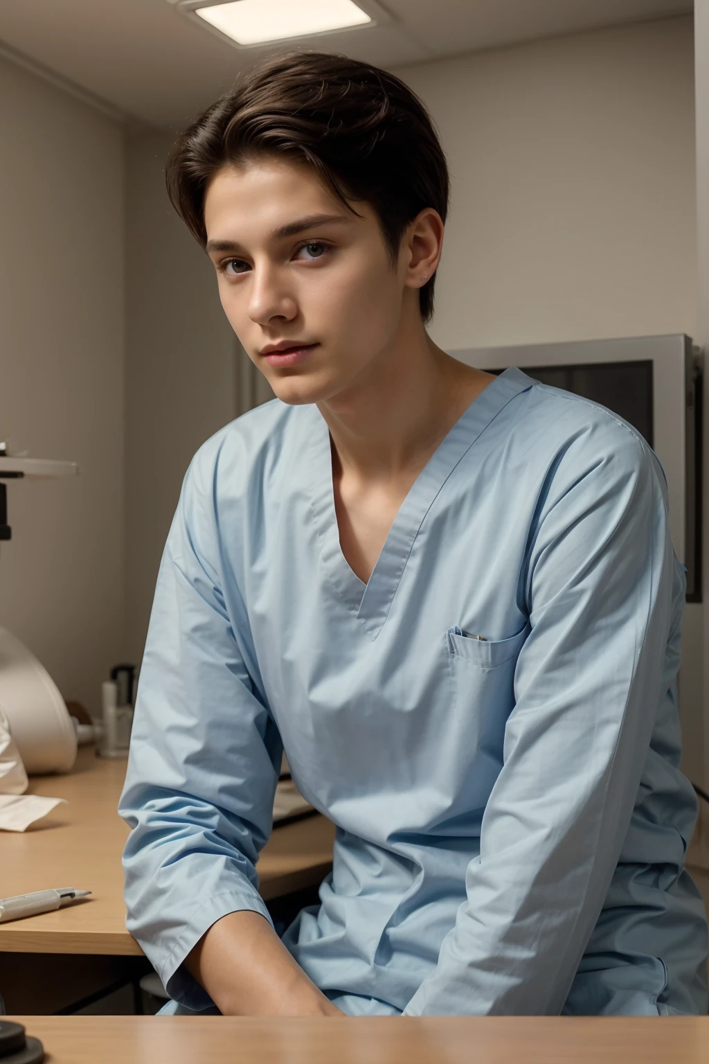 A beautiful young man, a cute male twink, with black hair, wearing a long-sleeved, white shirt and jeans. He is in the surgical operating room, and behind him are surgical medical instruments, devices, and medical smart screens inscribed with nerve cells, rings, etc., and he looks on proudly, with a face with reddish makeup.  He is sitting at a luxurious desk