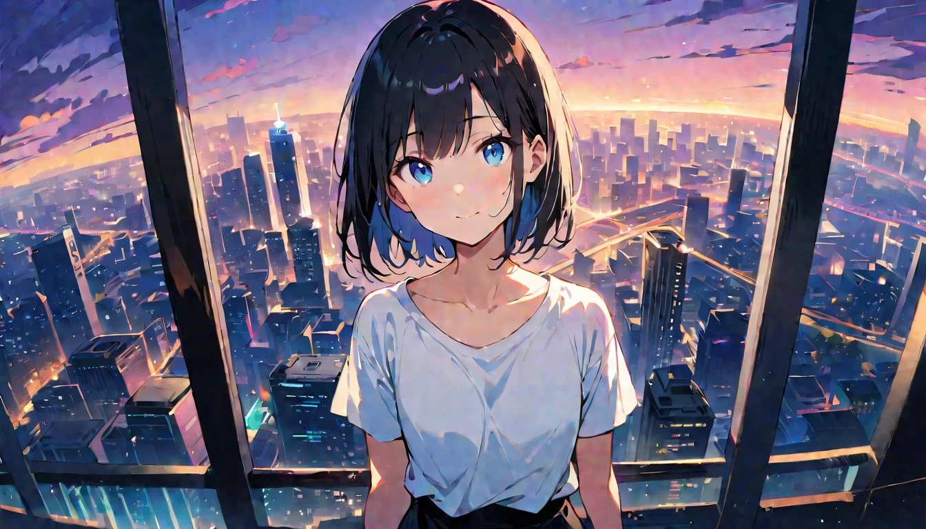 1girl, solo, blue eyes, (detailed eyes), flat chest, short hair, black hair, ((white t-shirt)), simple t-shirt, black skirt, black socks, standing, upper body, gentle smile on her face((masterpiece, illustration, best quality)) girl in a blue coat Wear sunglasses Behind is the cityscape in the evening. There are twinkling lights of the city amidst the blue, blue, and purple sky. Cool girls stand on high balconies or bridges. Looking out at the city with a confident and calm expression. The colors of the picture emphasize the dramatic tone. close up to the face