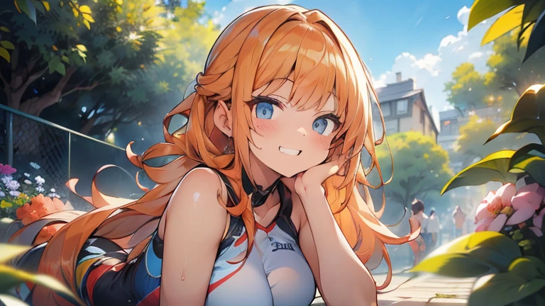 ((1 girl)), Latest trends in clothing, cheerful grin, animated expressions, Sportswear, shorts,blackstockings, racing, Garden ,((very detailled,highest quallity, high resolution, 8 k wallpaper, pretty clothing,)),(hair orange, Hair to the shoulders, juvenile,bouncy hair, ((asymmetrical bangs)) ,(shining blue eyes),ombre, eyeliner,glowing eye, very detailledな目, complex eyes, gorgeous eyes, 輝くBright blue eyes 17 year old