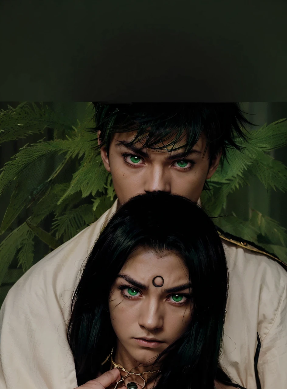 Close-up of (male anime character:1.3), (intense gaze:1.2), (green eyes:1.3), spiky red hair, furrowed brows, (serious expression:1.2), shadowed face, (black cloak with golden trim:1.1), dark skin, visible scar over left eyebrow, high-detail digital illustration, (dark background:1.1), anime style, strong facial features, contrasting colors, focused demeanor,