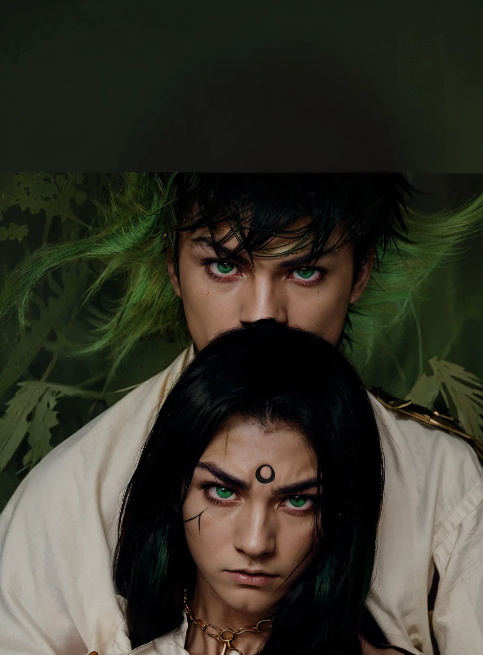 Close-up of (male anime character:1.3), (intense gaze:1.2), (green eyes:1.3), spiky red hair, furrowed brows, (serious expression:1.2), shadowed face, (black cloak with golden trim:1.1), dark skin, visible scar over left eyebrow, high-detail digital illustration, (dark background:1.1), anime style, strong facial features, contrasting colors, focused demeanor,