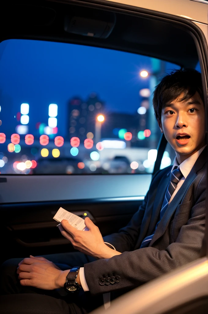 （Tokyo night time：1.2）、（A 30-year-old Japanese male office worker、A dull face：1.1）、Sitting alone in the back seat of a car、Has a surprised look on his face