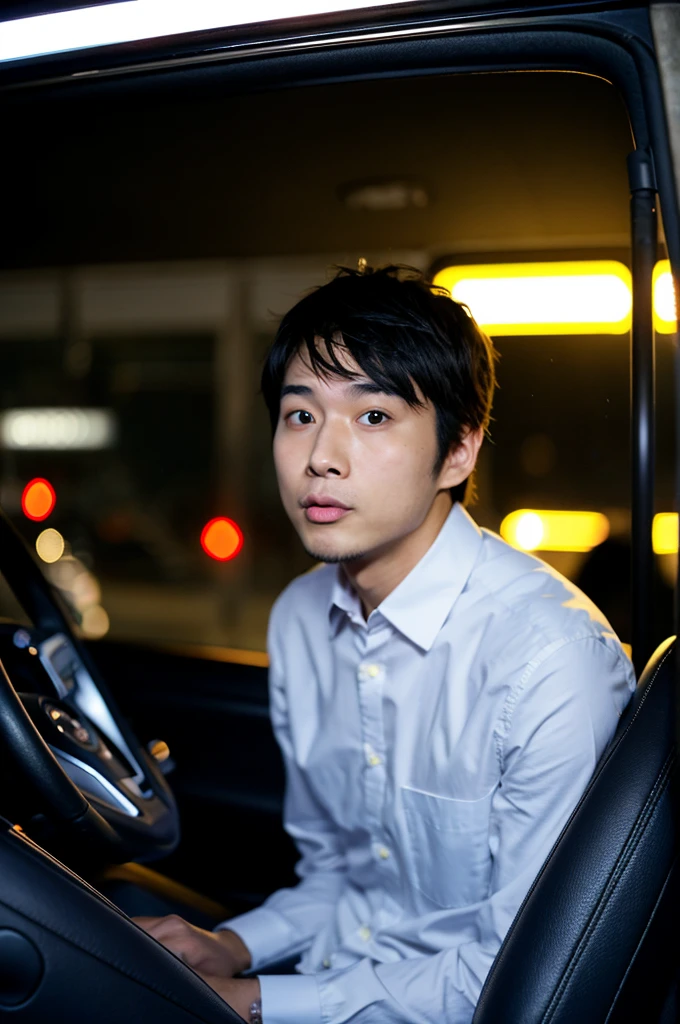 （Tokyo night time：1.2）、（A 30-year-old Japanese male office worker、A dull face：1.1）、Sitting alone in the back seat of a car、Has a surprised look on his face