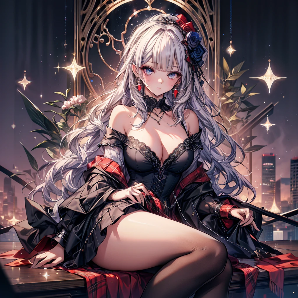 masterpiece, highest quality, High resolution, SA1, Plaid off-shoulder dress, black stockings, Sparkly eyes, false eyelashes,