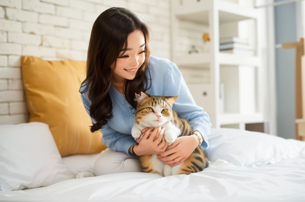 woman sitting on bed holding a Cat in her arms, woman and Cat, holding a Cat, she is holding a Cat in her arms, with small Cat on lap, petting a Cat, big cheeks holding her Cat, a sick Cat laying in a bedroom, pet, 苏格兰折耳Cat, Cat, , a Cat is smiling, , the Cat is smiling