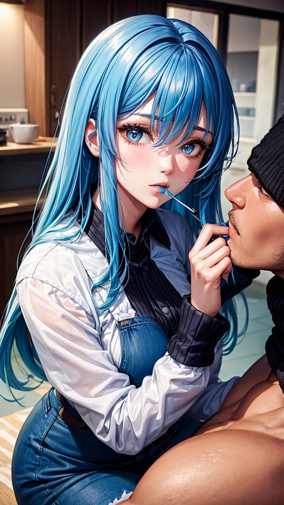 Beautiful woman with blue hair sucking a man&#39;s penis