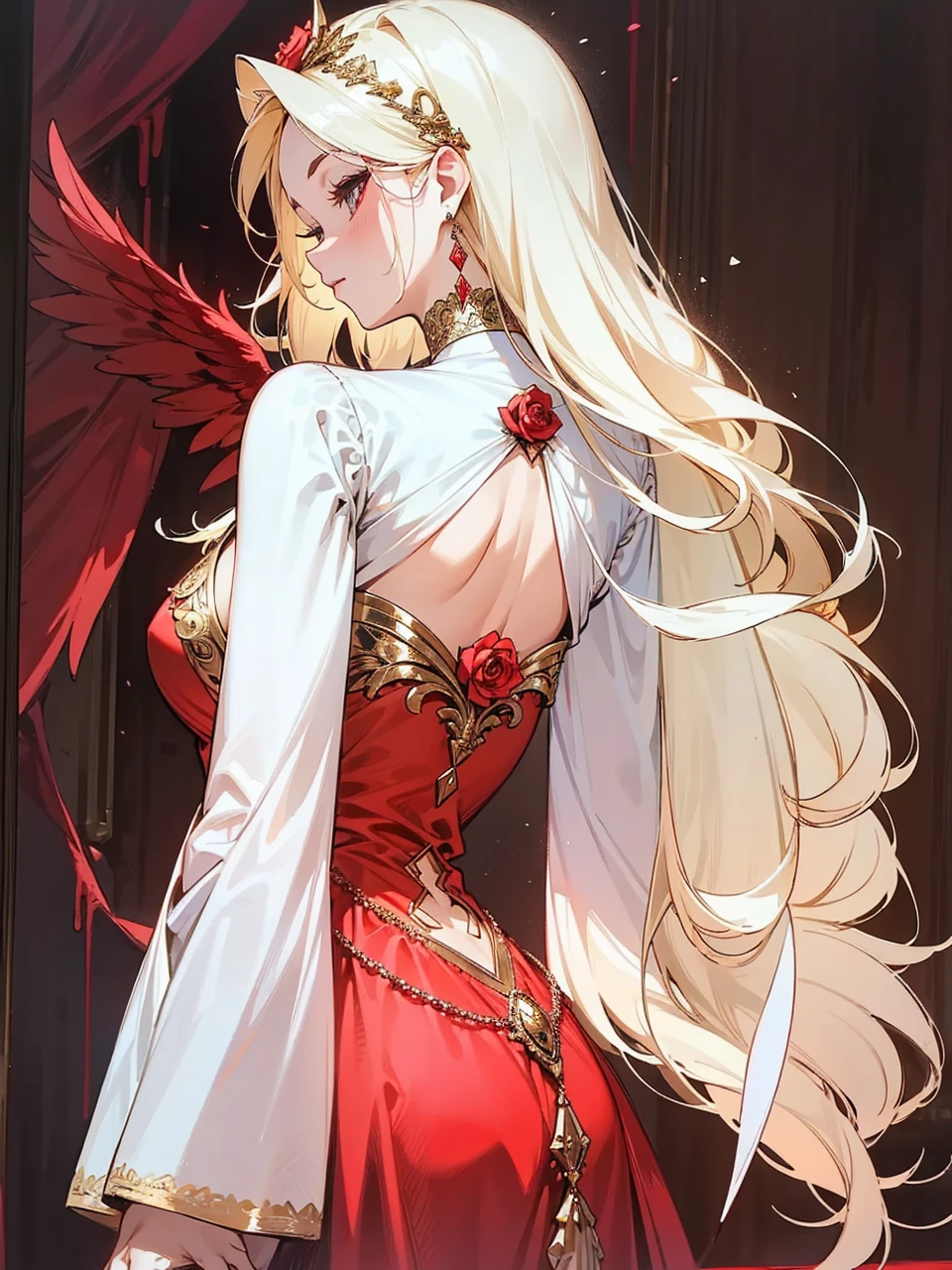 Add in roses to her dress, a good back dress design with some golden jewelry, make her dress into a red and white gown with a hat, give her some unique Jewelry, and make her look somewhat of a demonic angel like appearance to her