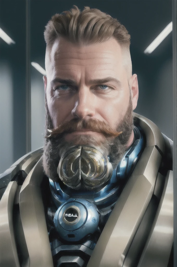 (reelmech: 1.5), CEO portrait photo of a 45 year old man with a big beard, in a luxurious office, cyborg body, in a wheat field (Artwork: 1.2) (photorealistic: 1.2) (bokeh) (best quality) (detailed skin) (complex) (8K) (hdr) (cinematic lighting) (sharp focus) (clutter: 1.2)