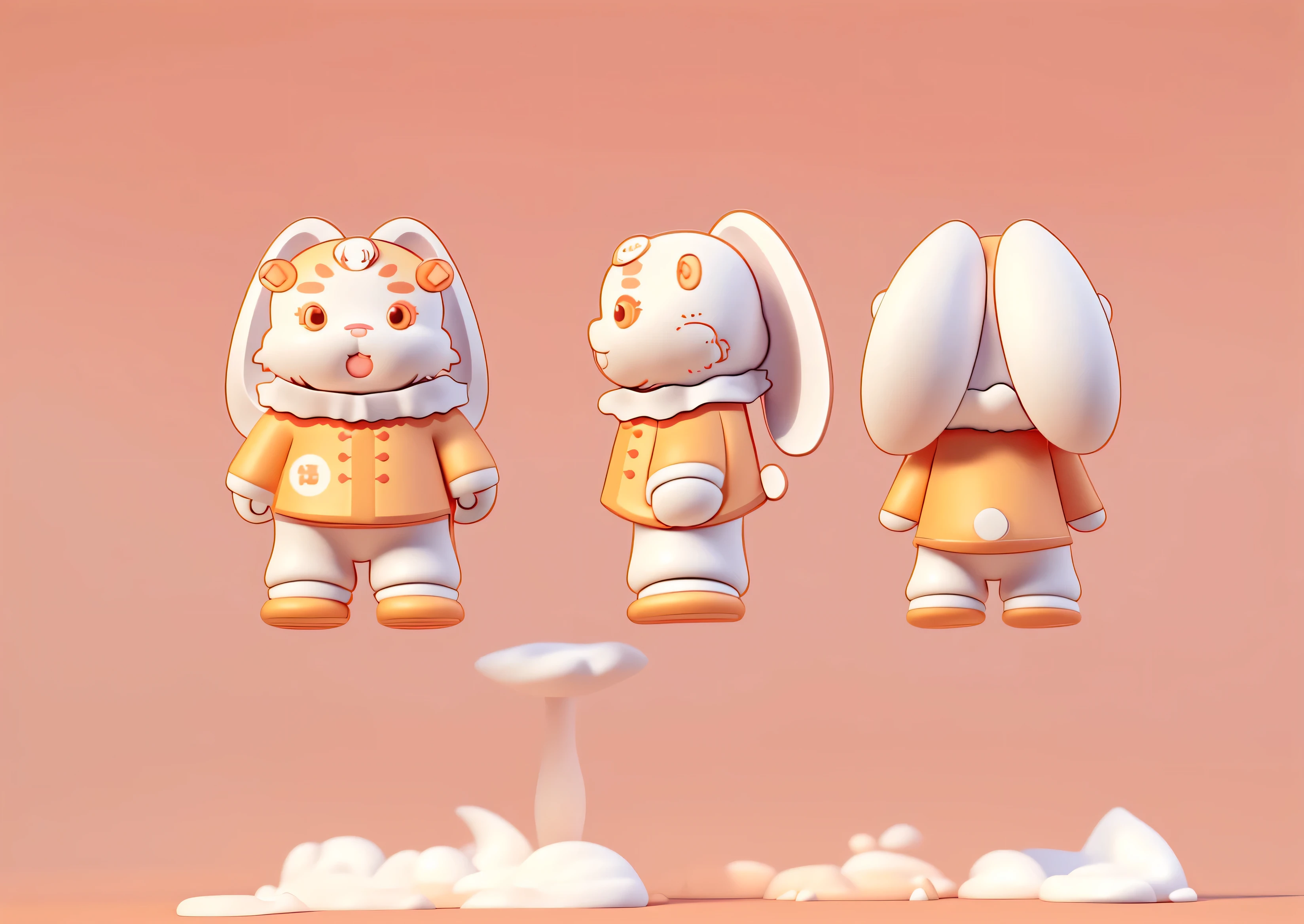 A cute rabbit，Wearing clothes similar to those of Little Chef，Wearing a copper coin headdress on his head，Normal head-to-body ratio，Clarity，Not blurry，Coordination of the five senses，3D Model，3D Effect，Terracotta material