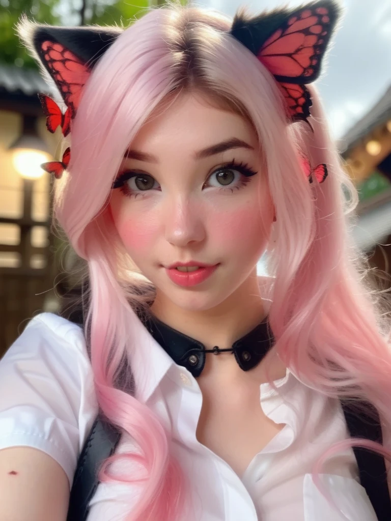 1girl, solo, masterpiece, a beautiful woman, 20-year-old woman, intricate details, realistic, blurry background, focus,
lighting, cinematic,
closeup, detailed eyes,
shiny hair, shiny, shiny skin, shiny clothes,
pink hair, cat ears, pink eyes,
black skirt, white shirt, red tie,
tattoos, freckles, butterflies, roses
Belle Delphine